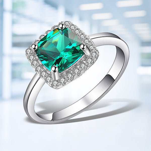 925 Silver Simulated Nano Emerald Halo Engagement Ring for Women