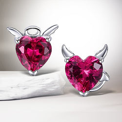 Sterling Silver Pink CZ Angel and Devil Heart Stud Earrings for Women