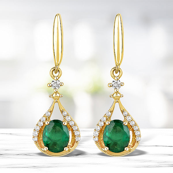 0.70 Carat Genuine Zambian Emerald and White Diamond 14K Yellow Gold Earrings