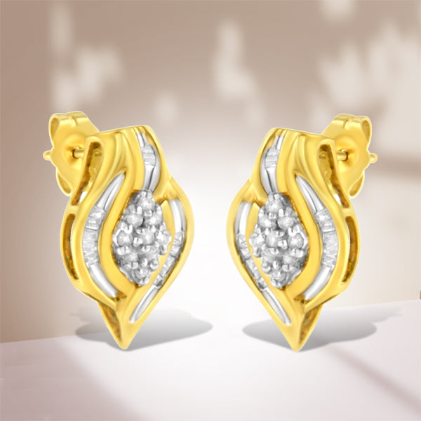 10K Yellow Gold 1/3 cttw Round-Cut Diamond Cluster and Swirl Stud Earrings (J-K Clarity, I2-I3 Color)