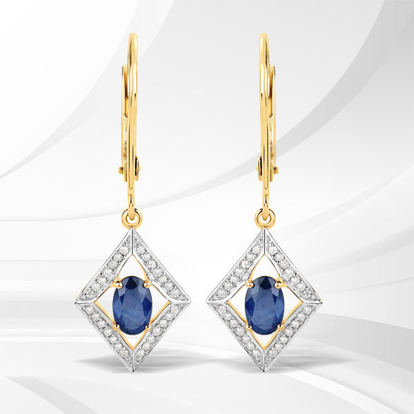 1.14 Carat Genuine Blue Sapphire and White Diamond 14K Yellow Gold Earrings