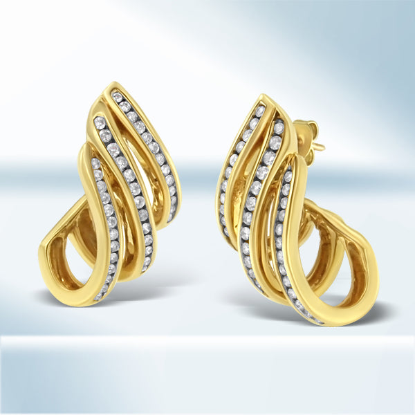 10K Yellow Gold 1.0 Cttw Round Brilliant Cut Diamond Spiral Multi Row Channel Set Open Hoop Pushback Stud Earrings (H-I Color, I1-I2 Clarity)