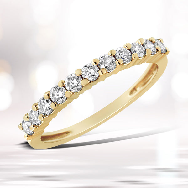 14K Yellow Gold Plated .925 Sterling Silver 1/2 cttw Shared Prong Set Brilliant Round-Cut Diamond 11 Stone Band Ring (J-K Color, I1-I2 Clarity) - Size 7