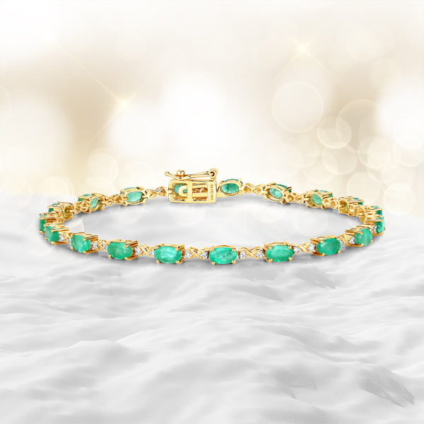 3.86 Carat Genuine Zambian Emerald and White Diamond 14K Yellow Gold Bracelet