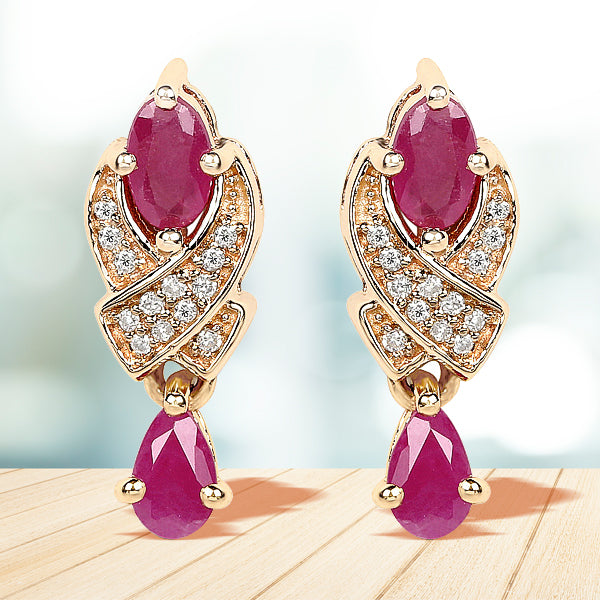 1.12 Carat Genuine Ruby and White Diamond 14K Yellow Gold Earrings