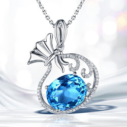 10k Gold Blue Topaz and Diamond Wedding Pendant for Girls