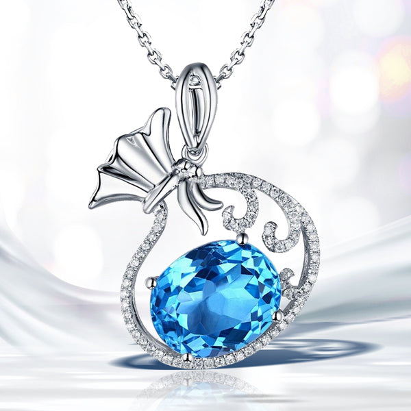 10k Gold Blue Topaz and Diamond Wedding Pendant for Girls