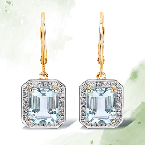 9.24 Carat Genuine Aquamarine and White Diamond 14K Yellow Gold Earrings