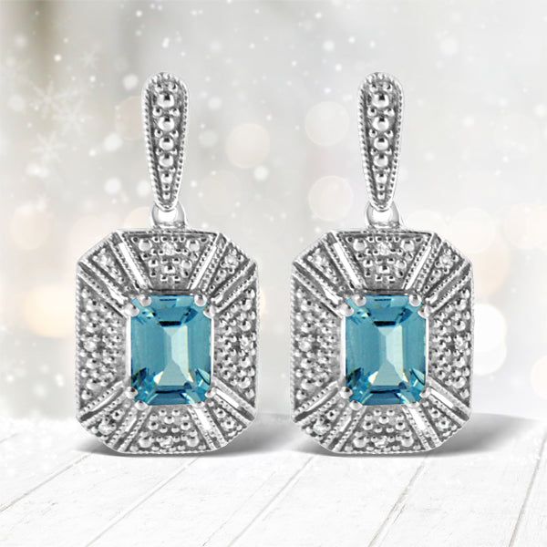 .925 Sterling Silver 7x5MM Emerald Shape Blue Topaz and Diamond Accent Art Deco Halo Style Drop and Dangle Earrings (I-J Color, I1-I2 Clarity)