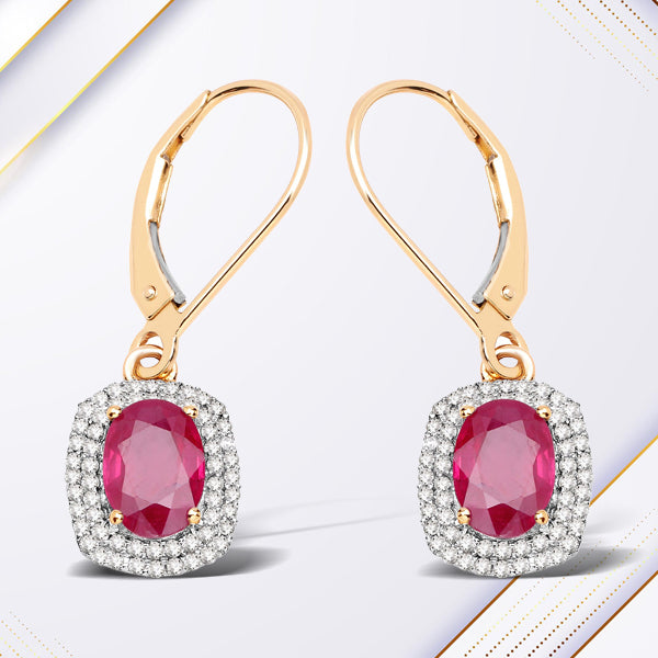 2.26 Carat Genuine Ruby and White Diamond 14K Yellow Gold Earrings