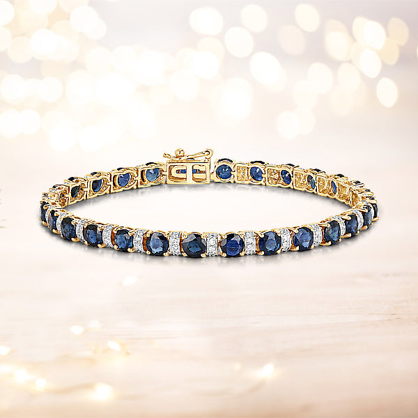 8.07 Carat Genuine Blue Sapphire and White Diamond 14K Yellow Gold Bracelet