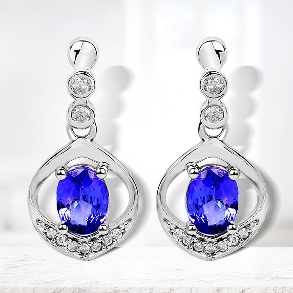 0.76 Carat Genuine Tanzanite and White Diamond 14K White Gold Earrings