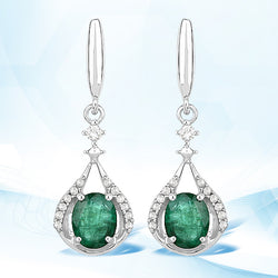 0.70 Carat Genuine Zambian Emerald and White Diamond 14K White Gold Earrings