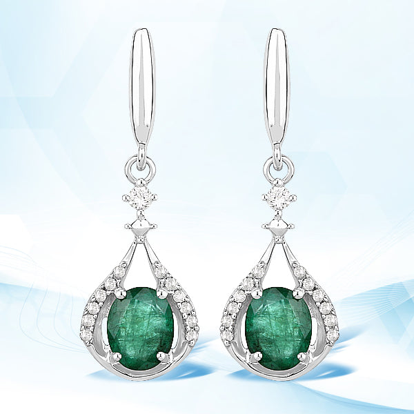 0.70 Carat Genuine Zambian Emerald and White Diamond 14K White Gold Earrings