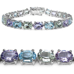 30.80 Carat Genuine Green Amethyst, Pink Amethyst & Blue Topaz .925 Sterling Silver Bracelet