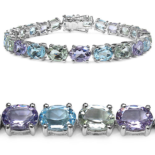 30.80 Carat Genuine Green Amethyst, Pink Amethyst & Blue Topaz .925 Sterling Silver Bracelet