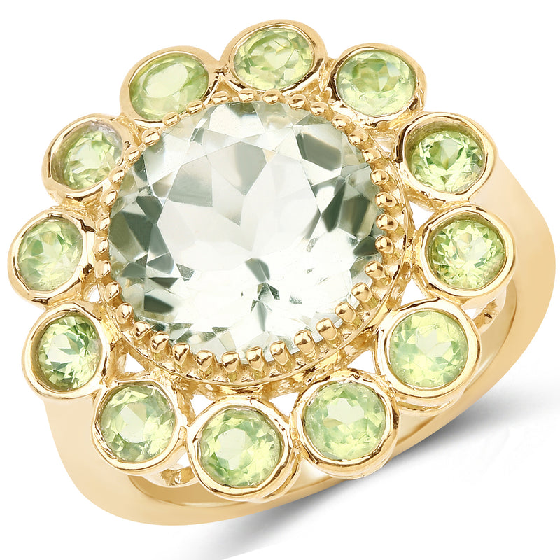 14K Yellow Gold Plated 5.90 Carat Genuine Green Amethyst and Peridot .925 Sterling Silver Ring