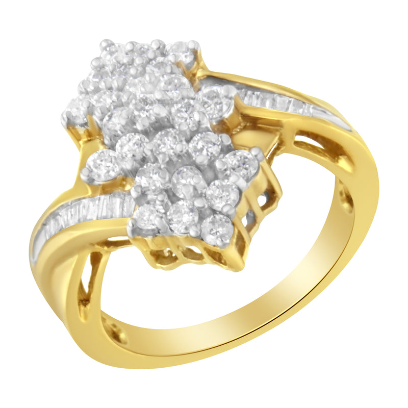 10K Yellow Gold Round And Baguette Cut Diamond Cluster Ring (1 1/10 Cttw, H-I Color, SI2-I1 Clarity) - Size 7
