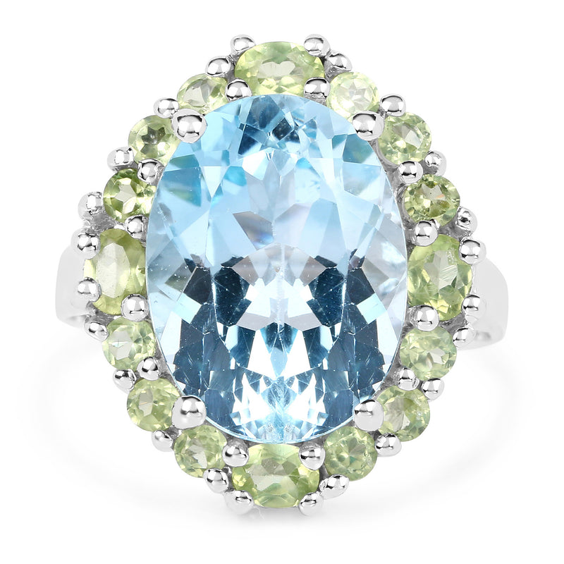 12.77 Carat Genuine Blue Topaz and Peridot .925 Sterling Silver Ring