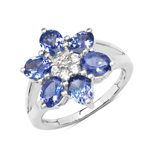 2.28 Carat Genuine Tanzanite & White Topaz .925 Sterling Silver Floral Shape Ring