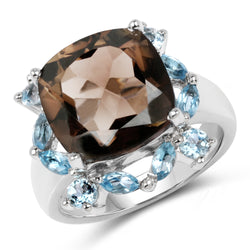 7.74 Carat Genuine Smoky Quartz and Blue Topaz .925 Sterling Silver Ring