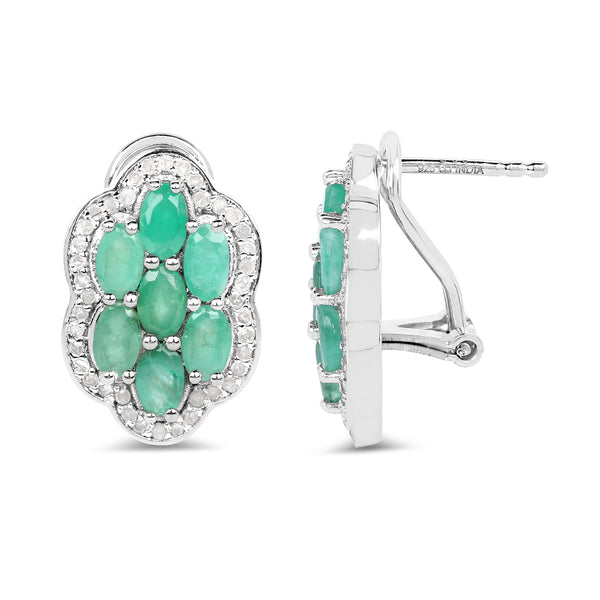 3.24 Carat Genuine Emerald and White Diamond .925 Sterling Silver Earrings