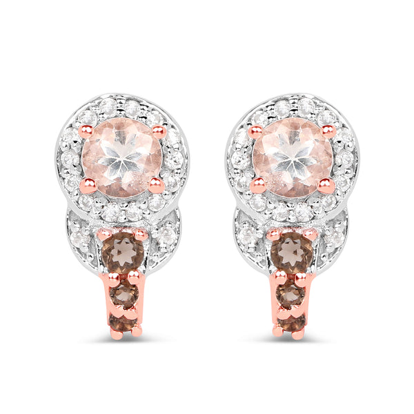 18K Rose Gold Plated 0.84 Carat Genuine Morganite, Smoky Quartz and White Zircon .925 Sterling Silver Earrings