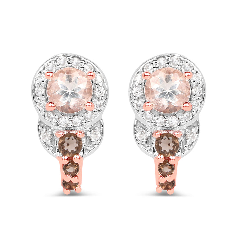 18K Rose Gold Plated 0.84 Carat Genuine Morganite, Smoky Quartz and White Zircon .925 Sterling Silver Earrings