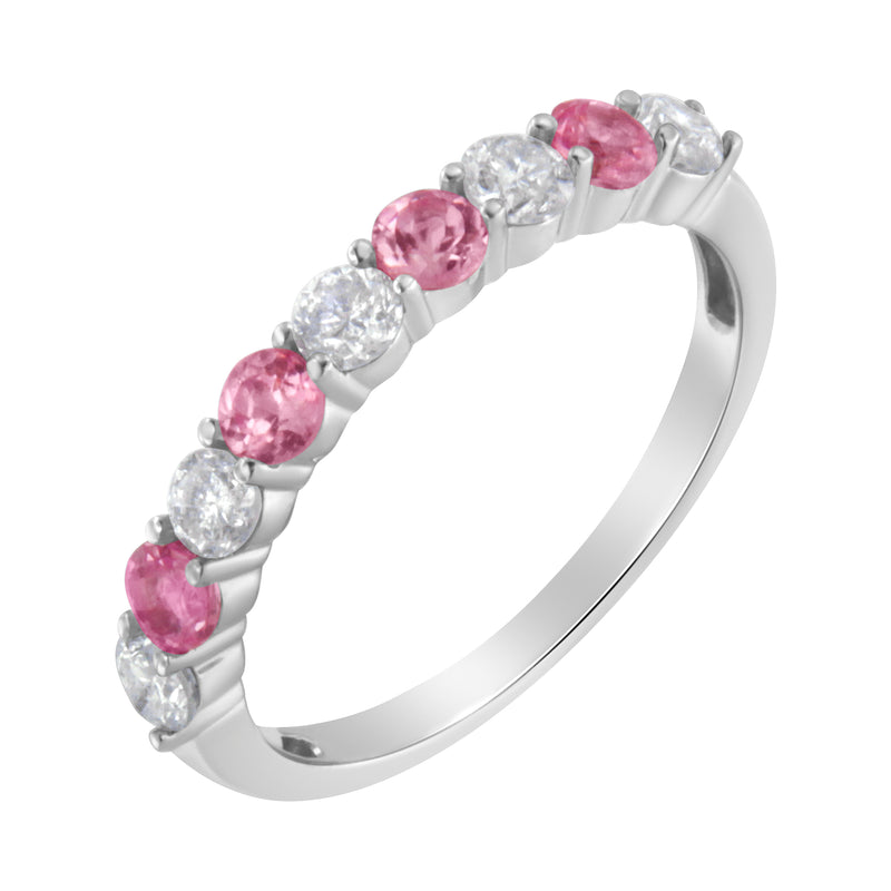 10KT White Gold Diamond and 3MM Created Pink Sapphire Gemstone Band Ring (1/2 cttw, H-I Color, I1-I2 Clarity) - Size 7