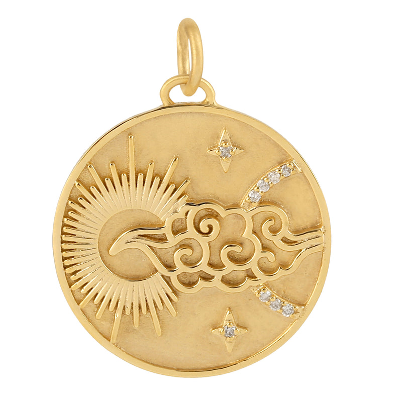 Solid 14k Yellow Gold Natural Diamond Star & Sun Charm Pendant Fine Jewelry Gift