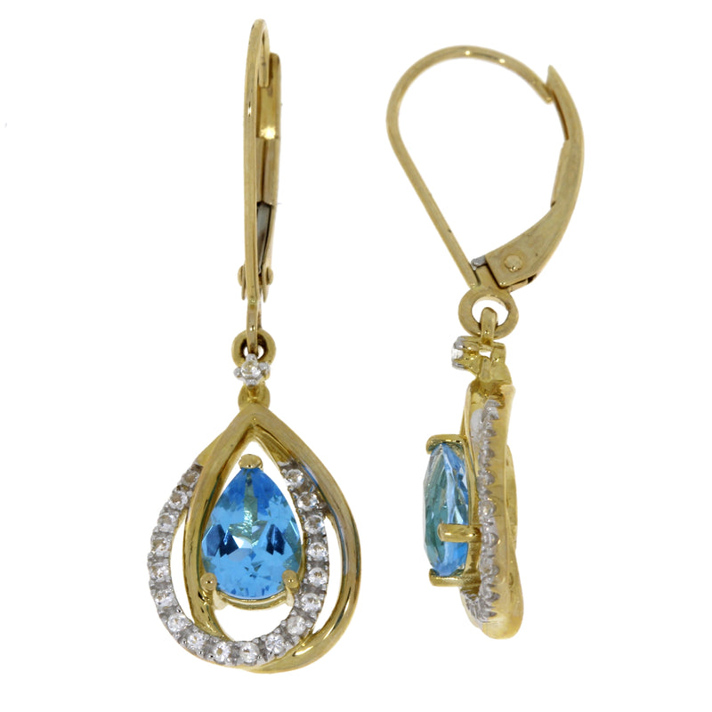 Blue Topaz White Topaz Dangle Earrings 10KT Yellow Gold