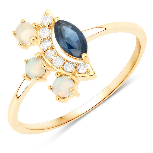 "0.44 Carat Genuine Blue Sapphire, Ethiopian Opal and White Diamond 14K Yellow Gold Ring"