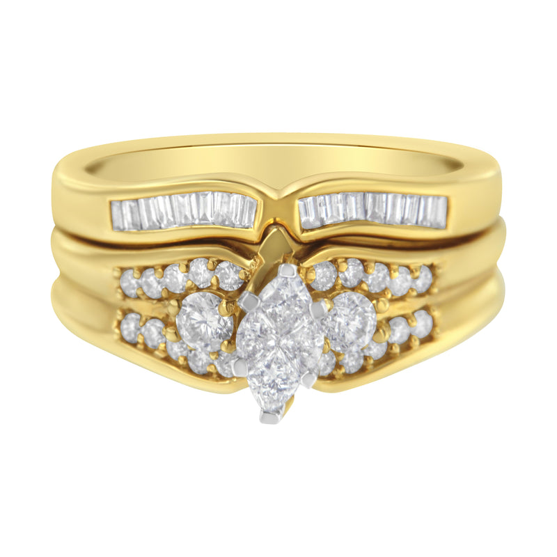 14K Yellow and White Gold 1ct TDW Marquise Diamond Shaped Engagement Ring Set (H-ISI2-I1)