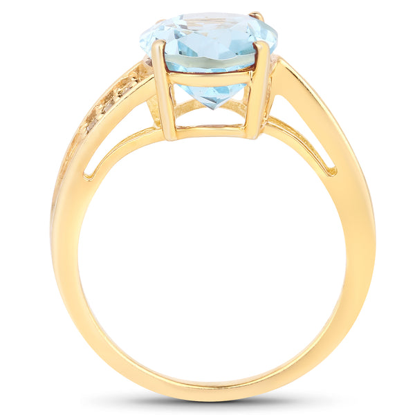 14K Yellow Gold Plated 4.03 Carat Genuine Blue Topaz and White Diamond .925 Sterling Silver Ring