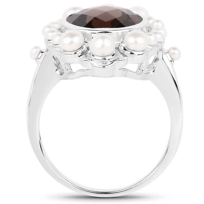 5.75 Carat Genuine Smoky Quartz and Pearl .925 Sterling Silver Ring