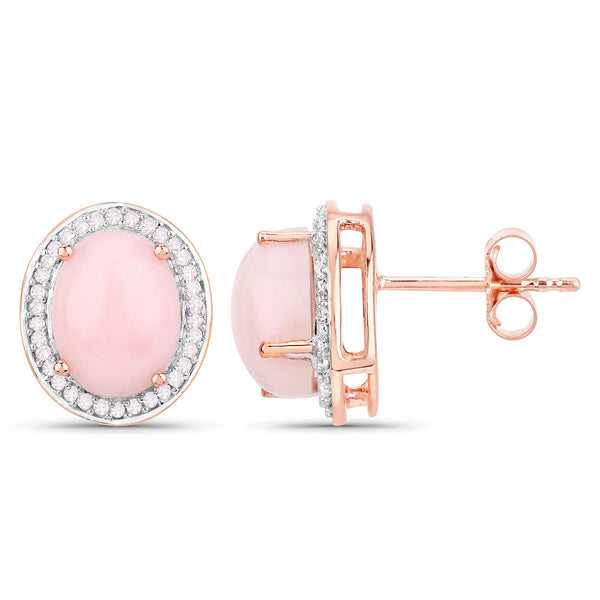 4.20 Carat Genuine Pink Opal and White Diamond 14K Rose Gold Earrings