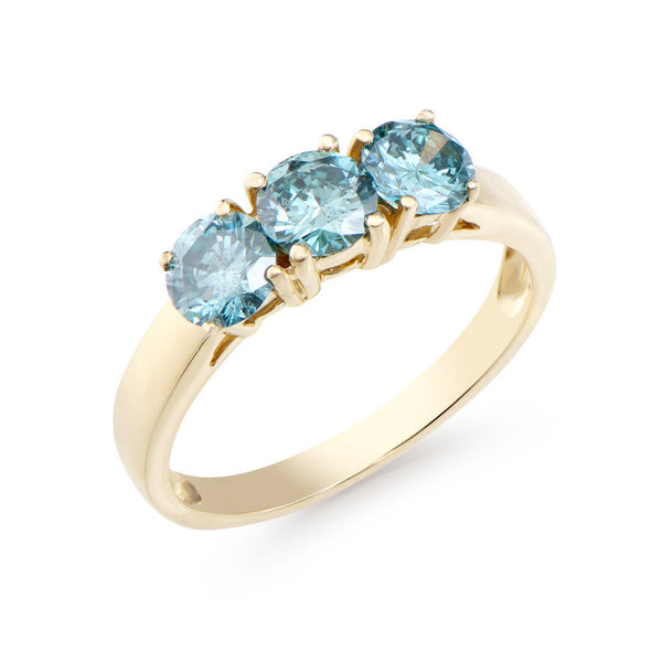 1.26 CTS TW CERTIFIED DIAMONDS 14K YELLOW GOLD DESIGNER 3 STONE RING WITH SWISS BLUE COLOR DIAMONDS