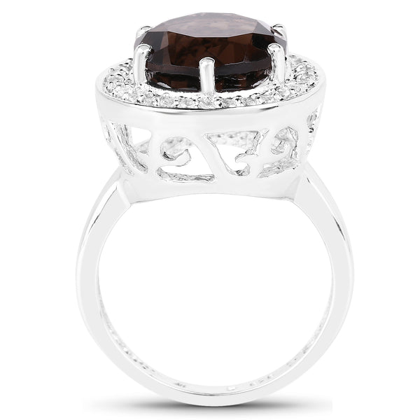 4.52 Carat Genuine Smoky Quartz and White Topaz .925 Sterling Silver Ring