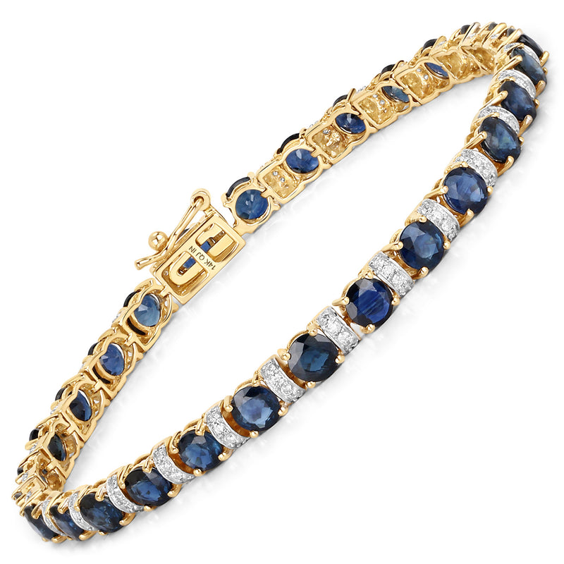 8.07 Carat Genuine Blue Sapphire and White Diamond 14K Yellow Gold Bracelet