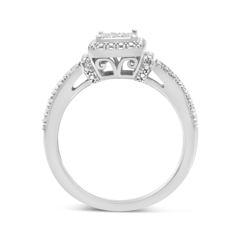 .925 Sterling Silver 1/4 Cttw Princess-cut Diamond Composite Engagement Ring with Beaded Shank (H-I Color, SI1-SI2 Clarity) - Ring Size 7