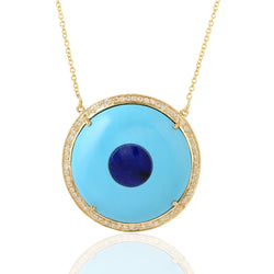 Pave Diamond Turquoise & Lapis Gemstone Pendant 18k Gold Chain Necklace Jewelry