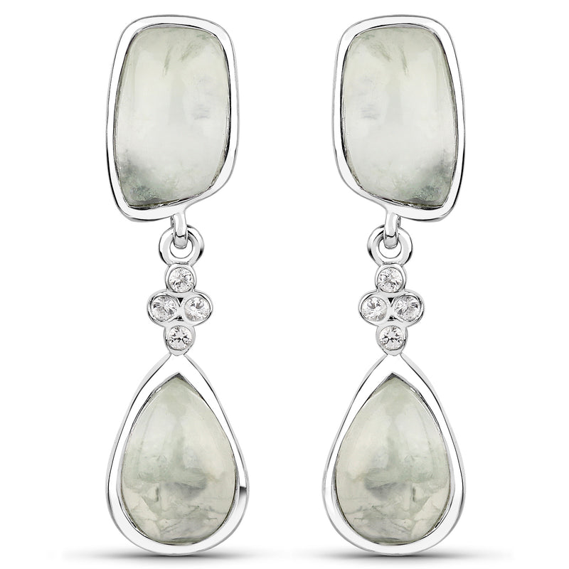 14.48 Carat Genuine Prehnite and White Topaz .925 Sterling Silver Earrings