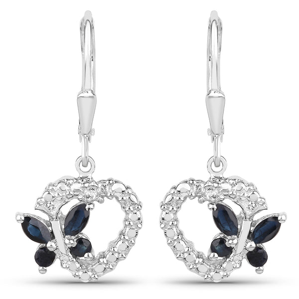 0.55 Carat Genuine Blue Sapphire & White Diamond .925 Sterling Silver Earrings