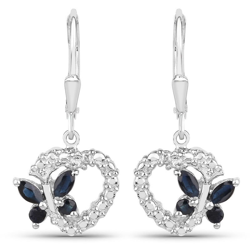 0.55 Carat Genuine Blue Sapphire & White Diamond .925 Sterling Silver Earrings