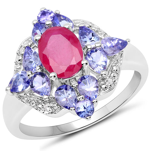 3.16 Carat Genuine Glass Filled Ruby, Tanzanite & White Topaz .925 Sterling Silver Ring