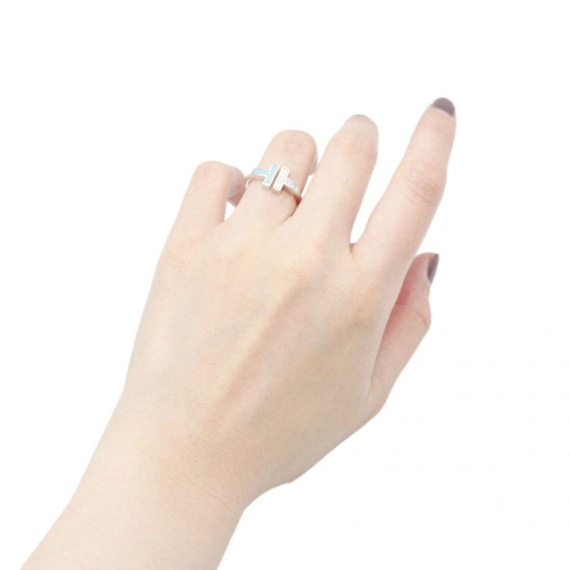 Tiffany T Wire Ring No. 10 Diamond Turquoise K18WG AU750 White Gold Womens Jewelry