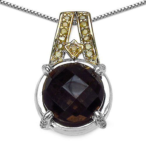 3.16 Carat Genuine Smoky Quartz, Yellow Diamond & White Diamond .925 Sterling Silver Pendant