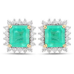 2.30 Carat Genuine Colombian Emerald and White Diamond 14K Yellow Gold Earrings