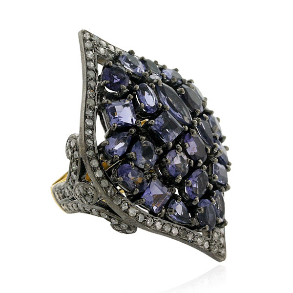 3.71 ct Iolite Pave Diamond 18 kt Gold Cluster Ring 925 Sterling Silver Jewelry
