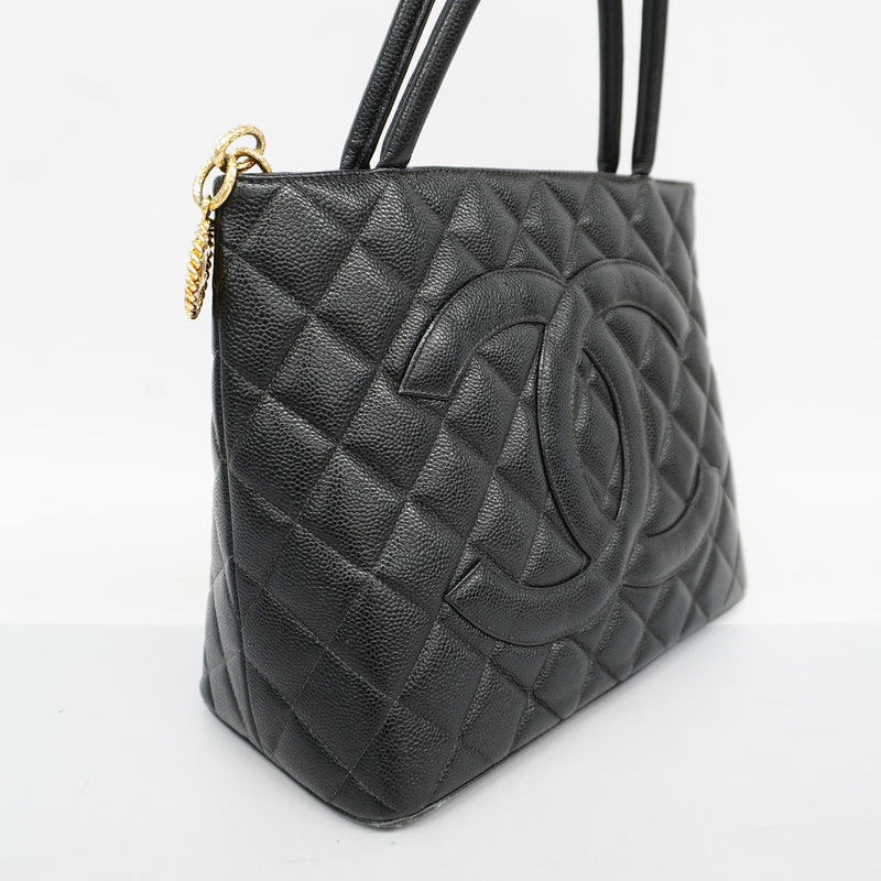 Auth Chanel Reprint Tote Womens Caviar Leather HandbagTote Bag Black